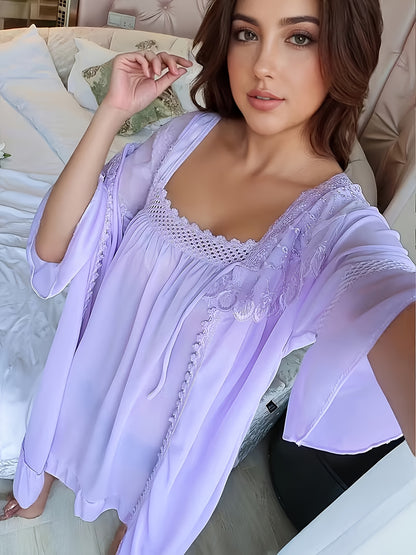 [Valentine's Day Christmas] Long Lace Robe Two-Piece Set y Satin Fabric Kimono Style Home Wear Ruffle And Delicate Lace Trim The Fit Is Flowing And Elegant Ideal for Daily Use Or As A Fantastic Gift Choice for Valentine's Day And Christmas