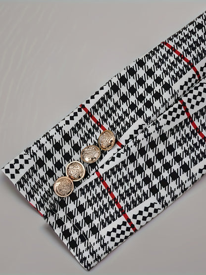 Plaid Pattern Button Elegant Skirt Set, Lapel Collar Long Sleeve Blazer & High Waist Skirt Outfits for Spring & Fall, Women's Clothing