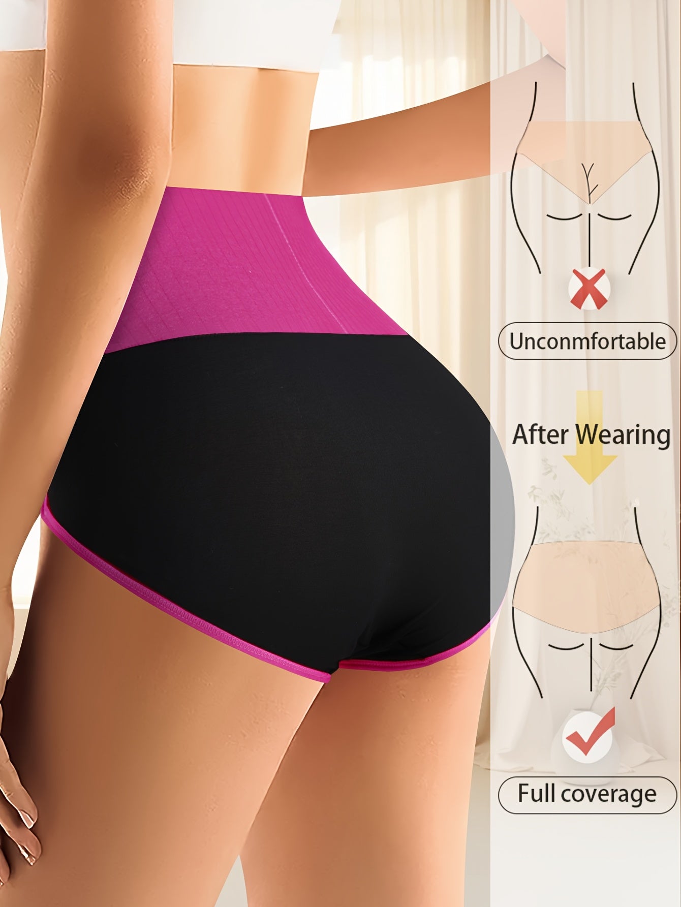 5pcs Women's High Waisted Underwear - Tummy Control Full Coverage Panties with Soft Seamless Briefs, Contrast Color Belt & Striped Minimalist design - Full-Elastic-Rim High- Triangle Briefs for Daily Wear (5pcs)