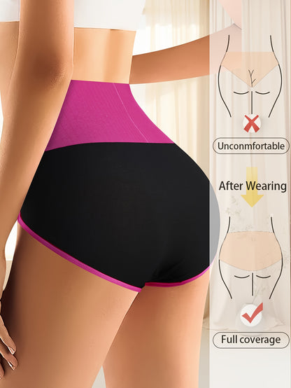5pcs Women's High Waisted Underwear - Tummy Control Full Coverage Panties with Soft Seamless Briefs, Contrast Color Belt & Striped Minimalist design - Full-Elastic-Rim High- Triangle Briefs for Daily Wear (5pcs)
