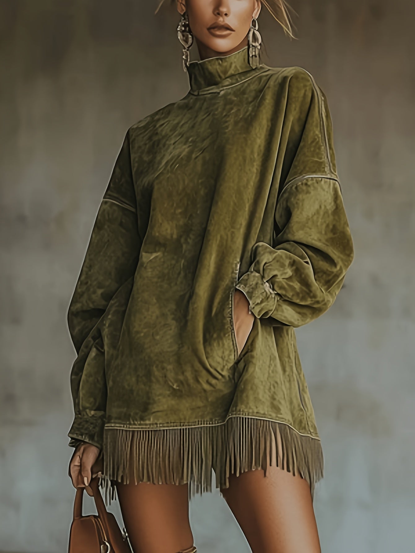 [Lightweight Fringed Skirt] Summer Women's Lightweight Breathable Fringed Mini Skirt, Retro High-Neck Dress, Loose-Padded Long-Sleeved Fringed Skirt