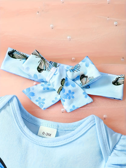 Baby Girl Cute Butterfly Patterned Round Neck Jumpsuit, Casual Bow Printed Shorts And Headband Three-Piece Set, for Outdoor
