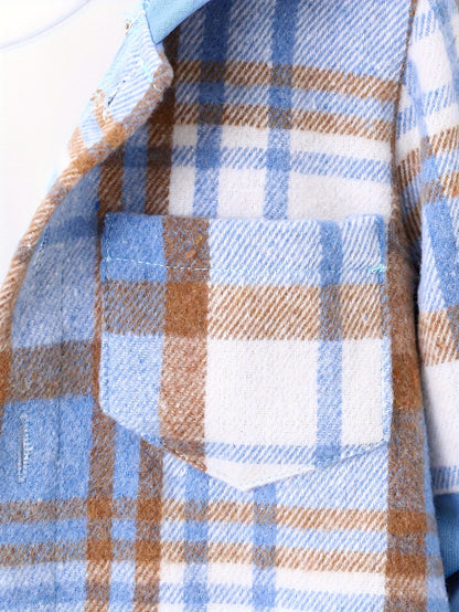 2pcs, Autumn And Winter New Boys' Long-Sleeve Plaid Cardigan Suit Boys' Puff Hooded Jacket Boys' Fashion Work Pants, for Outdoor