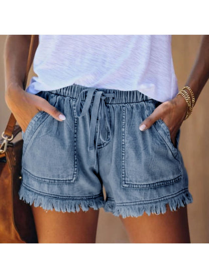 Elastic Waist Fringe Denim Shorts High Waist Casual Versatile Daily Fashion Elegant Sexy
