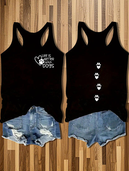 Women's Casual Sleeveless Round Neck Vest - Double-Sided Cat & Dog Paw Print Design, Cotton Lightweight Summer Top, Machine Washable Pet Lover Apparel, Outdoor Relaxation Clothing, Nontransparent Fabric