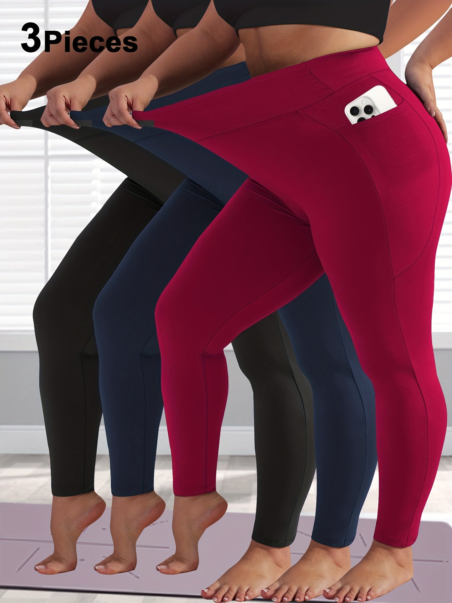 3-Pack Women's High-Waisted Yoga Pants with Pockets - Tummy Control Cycling Workout Leggings, Soft Stretchy Fabric, All-Season Comfort, Solid Color, Cropped Length