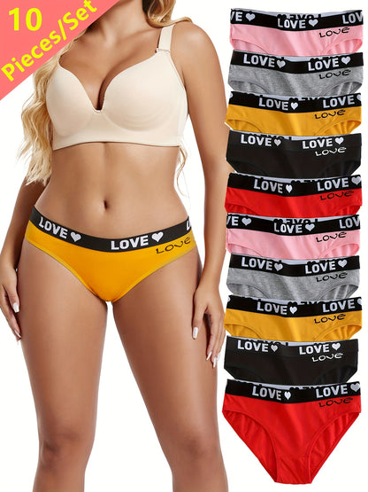 2026 Women's Breathable Panties, Valentine's Day Briefs With Heart And Letter Print 10pcs Game Day Underwear Football Fan Gear for All Fans