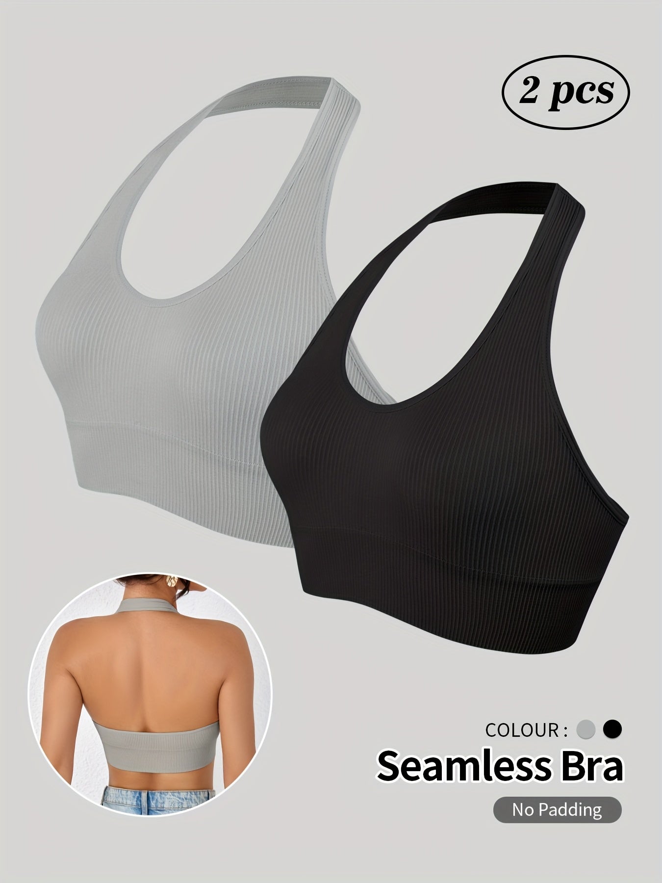 Set of 2 NADIA GO Women'S Seamless Sports Bras - Comfortable And Breathable Tops for Yoga And Workouts, Featuring a Racerback Design with Side Stripes, Available in Light Gray And Black, Sleeveless for Gym Activities, Running, And Pilates