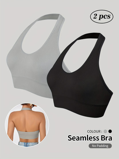 Set of 2 NADIA GO Women'S Seamless Sports Bras - Comfortable And Breathable Tops for Yoga And Workouts, Featuring a Racerback Design with Side Stripes, Available in Light Gray And Black, Sleeveless for Gym Activities, Running, And Pilates