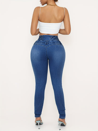 High Waist Skinny Jeans For Women, Casual Stretch Denim, Solid Color, Slim Fit, With Shirring Detail, For All-Season Pants