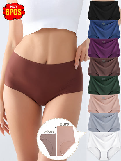 8pcs Women's High-Waisted Seamless Underwear - Full-Brief Triangle Panties with Medium, Soft Breathable No-Show Line for Daily Wear, Elegant Non- Undies (Bulk Reducing)