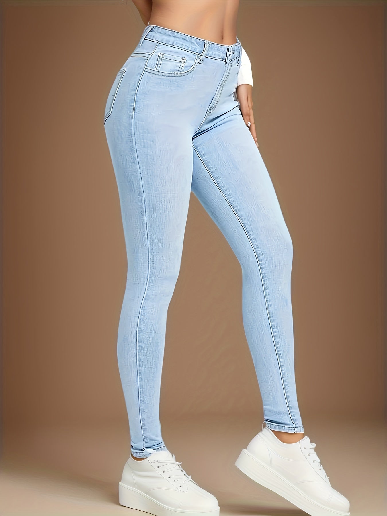 High-Rise Slim Fit Blue Jeans - Stretchy Denim, Slant Pockets, Comfortable High-Stretch Fabric, Womens Fashionable Denim Pants for Casual Attire - Premium Quality, Soft Touch, And Stylish Design