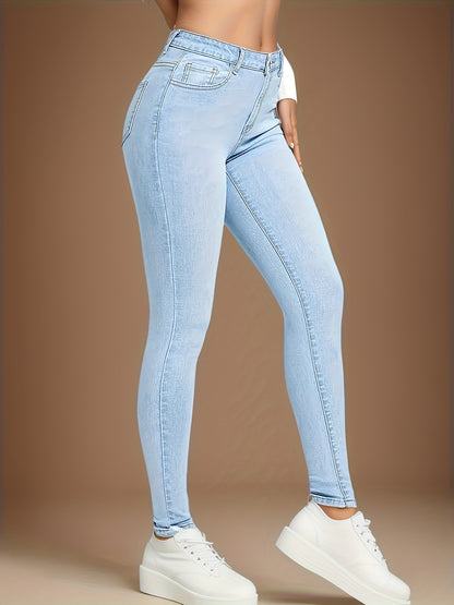 High-Rise Slim Fit Blue Jeans - Stretchy Denim, Slant Pockets, Comfortable High-Stretch Fabric, Womens Fashionable Denim Pants for Casual Attire - Premium Quality, Soft Touch, And Stylish Design