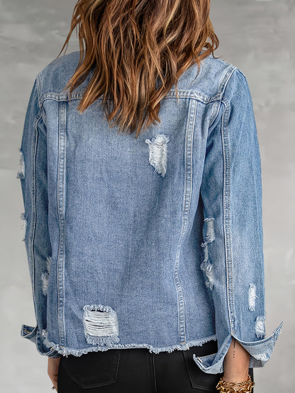 Washed Out Women's Denim Jacket with Pockets; Boyfriend Style; Distressed Look.