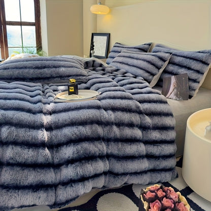 Faux Rabbit Fur Throw Blanket - Striped Double-Sided Flannel Back
