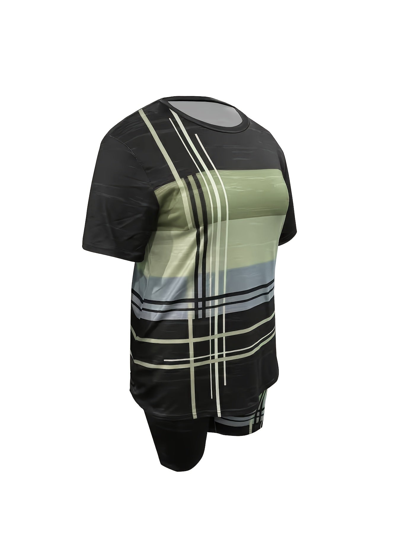 [Casual Printing Suit] Plus Size - Ladies Striped Short-Sleeved Shorts Fashion Casual Printing Suit, Pockets, Bullets, Suitable For Everyday Wear