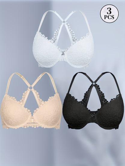 3pcs Women'S Lace Gathering Bra - Front Closure Design, Non-detachable Pads, Steel Band Support, Lace Design, Suitable For Daily And Special Occasion Lingerie, Elegant Lingerie, Lifting Bra, Women'S Lingerie, Gathering Bra.