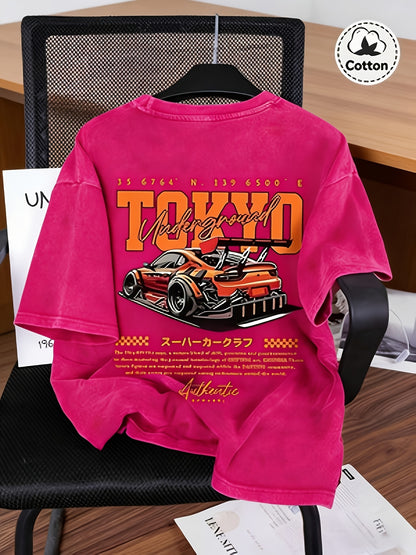 Spring And Summer Racing Pattern Men'S T-Shirt Top, Micro Elastic Fit, Washed with Water to Make Old, Breathable Black Round Neck Short Sleeved T-Shirt, Daily Casual Street T-Shirt Top