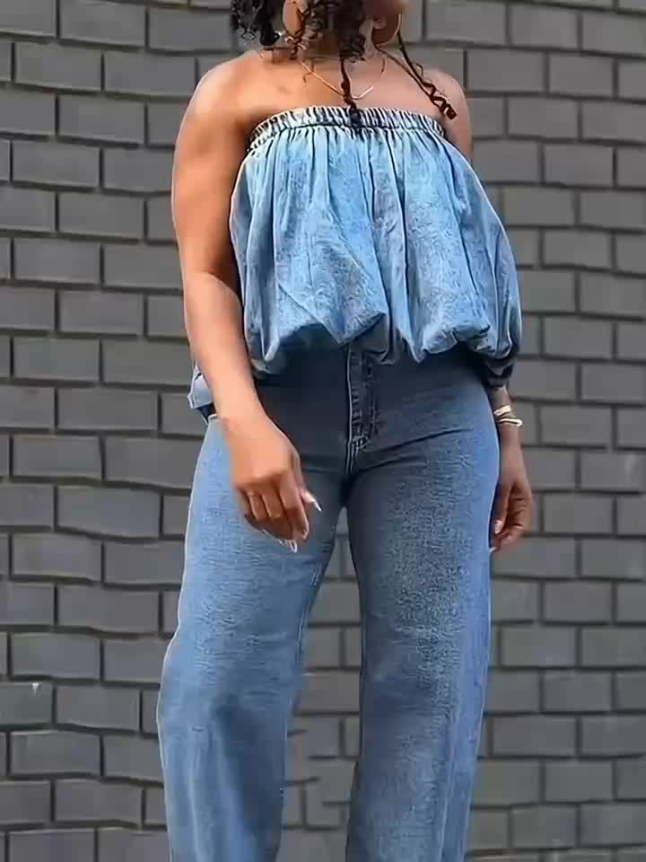 Women's Summer Denim Tube Top with Elastic Band & Balloon Hem - Ruffled Short Sleeveless Shirt, Breathable Non-Stretch Fabric, Hand Wash Only, Casual Chic Outfit Essential, Denim Top Ladies, Stylish Poolside Attire, Soft Texture Fabric