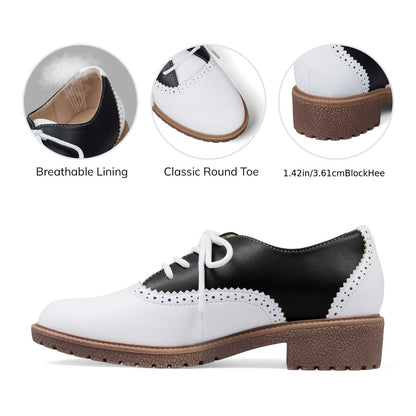 [Pointed Toe Brogue Pumps] Women's Pointed Toe Lace-Up Brogue Pumps Fashionable Mixed Colors Patchwork Block Chunky Heel Non-Slip British Style Flat Oxford Elegant Daily Business Casual Shoes, Women Shoes