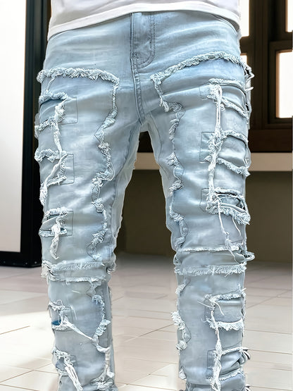 [HME] Men's Fashion Trendy Brand Jeans, Three-dimensional Cut And Creative Tassel Details, Street Hip-hop Style, Fringed Hem Design, Mid-waist Elastic Slim Flared Pants, Casual And Versatile Trendy Men's Plus-size Denim Trousers, PLUS SIZE