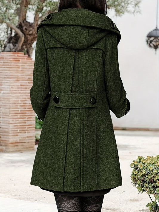 Women'S Cozy Double-Breasted Wool Peacoat Trench Jacket with Hood