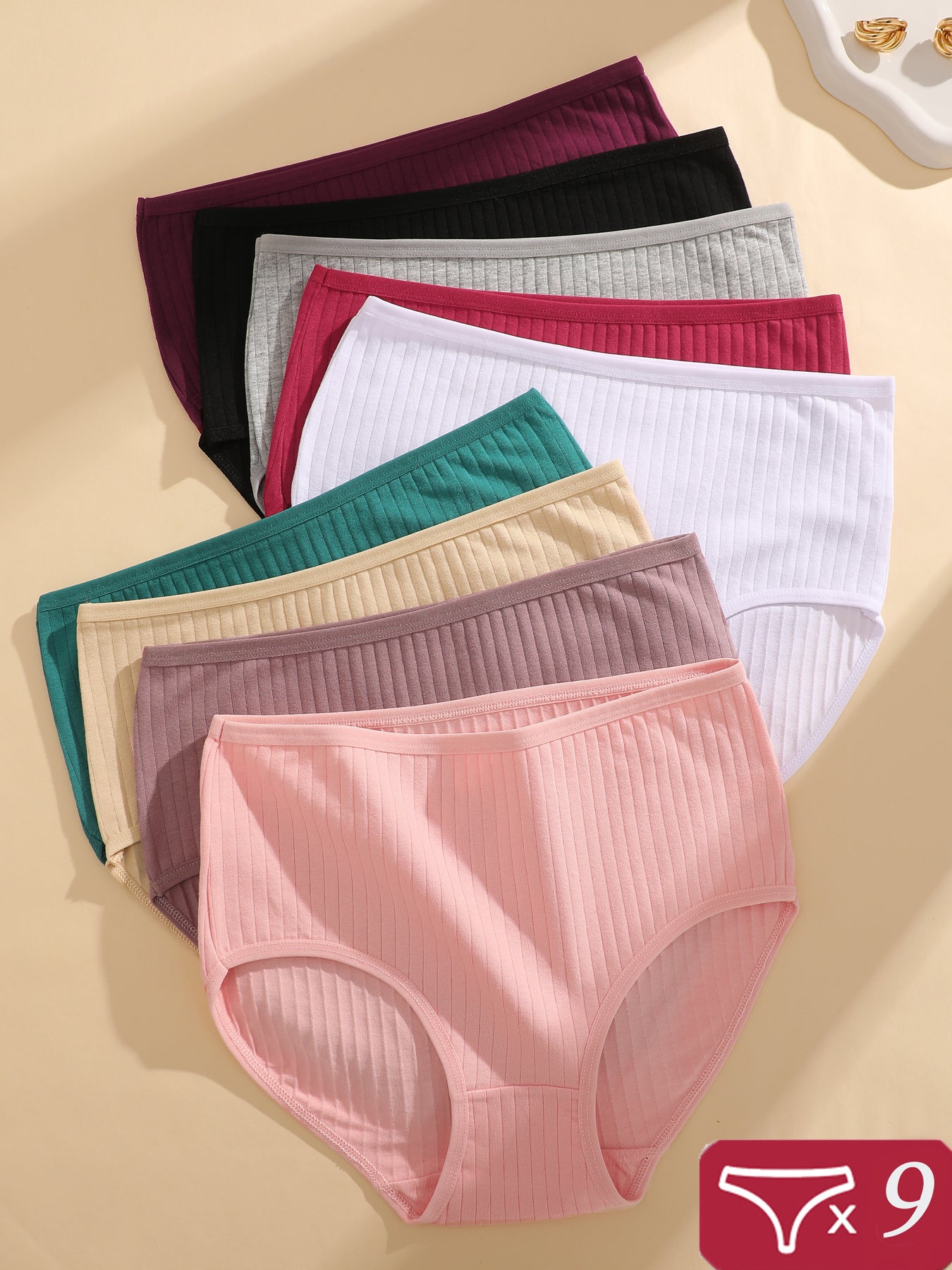 9-Pack Women'S Ribbed Underwear, Soft Breathable Mid-Rise Briefs, All-Day Comfort
