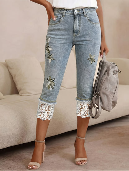 Women's High-waisted Embroidered Lace-trimmed Denim Capri Pants, Light Blue, Retro Sweet And Cool Style, Slim Fit, Versatile for Casual Attire, Commuting, And Dates, Suitable for Spring And Summer.