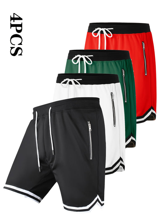 4pcs Men'S Casual Sports Shorts Set with Multi-Color Zipper Pockets - Regular Fit, Slight Stretch Fabric, Solid Color, Ideal for Basketball & Sports Activities, Sports Shorts|Casual Style|Zippered Shorts, Sports Shorts Set|Casual Style Shorts|Zippered Sho