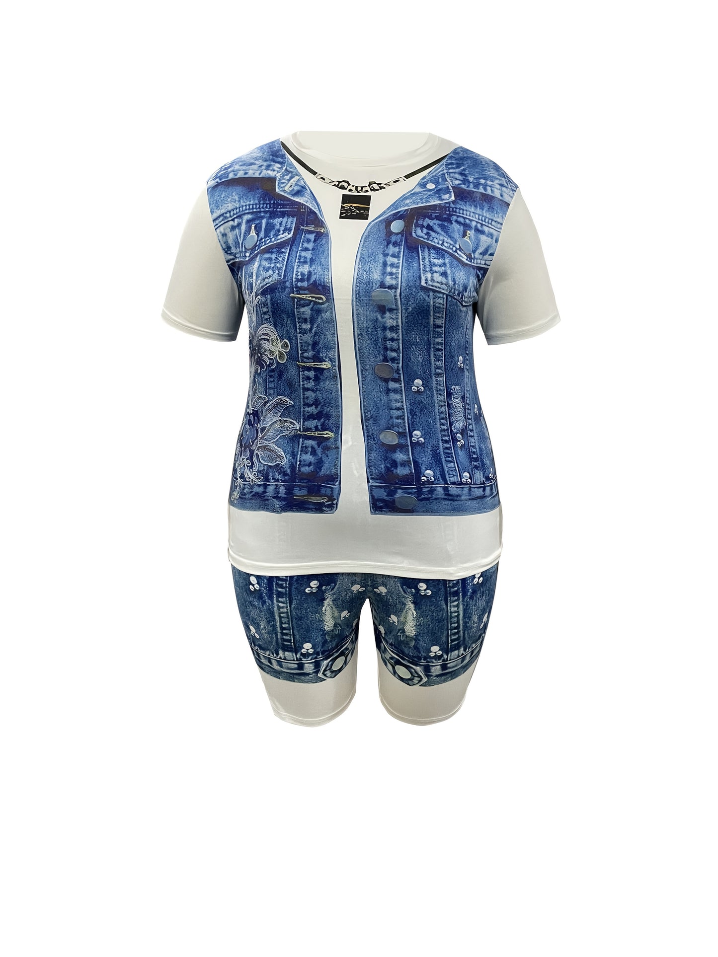 [Denim Print/Imitation Denim] Women's clothing Full body imitation denim print two-piece set Casual loose short sleeves paired with slim shorts Round neck Loosen the top with a wide swing Set with tight shorts