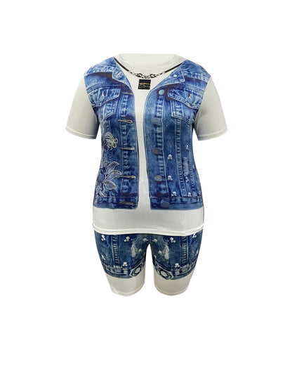 [Denim Print/Imitation Denim] Women's clothing Full body imitation denim print two-piece set Casual loose short sleeves paired with slim shorts Round neck Loosen the top with a wide swing Set with tight shorts