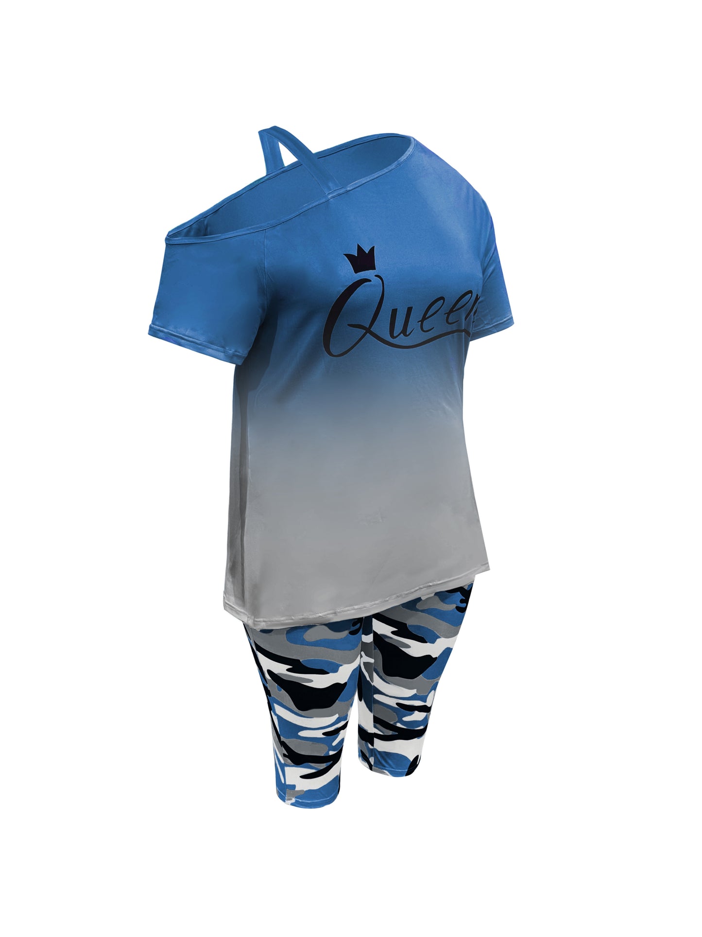 Plus Size - Ladies Fashion Daily Casual Suit, Diagonal Shoulder Camisole Gradient Letter Print Top + Camouflage Capri Pants Design.