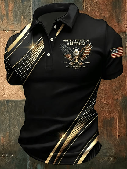 Plus-Size Men'S Summer Short-Sleeve Polo Shirt, Men'S T-Shirt, Men'S Top, American-Style Commemorative Flag Print Short-Sleeve, Golden Lines Eagle Print Design, Flag Sleeve Badge, Business Casual Short-Sleeve Top, Plus Size