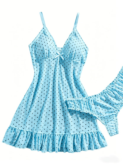 Plus Size Women's Blue Polka Dot Sheer Mesh Lingerie Dress Set, 2pcs Ruffled V-Neck Chemise Nightgown, Sexy Babydoll Sleepwear for Curvy Women