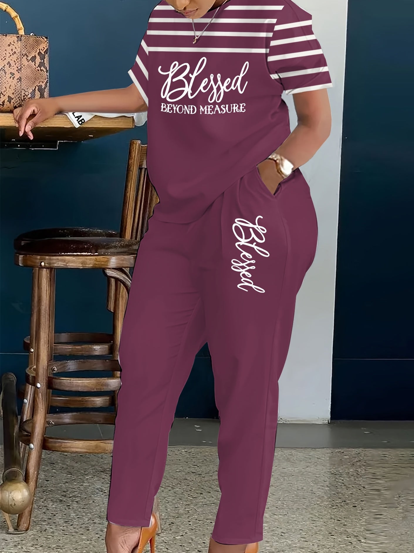 Plus Size, Ladies Plus Size 2pcs Suit, Letter Printing with Blessing, Pinstripe Coat, Trousers with Pockets, Ladies' Daily Casual Fashion Suit.