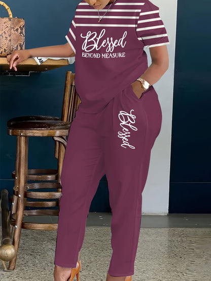 Plus Size, Ladies Plus Size 2pcs Suit, Letter Printing with Blessing, Pinstripe Coat, Trousers with Pockets, Ladies' Daily Casual Fashion Suit.