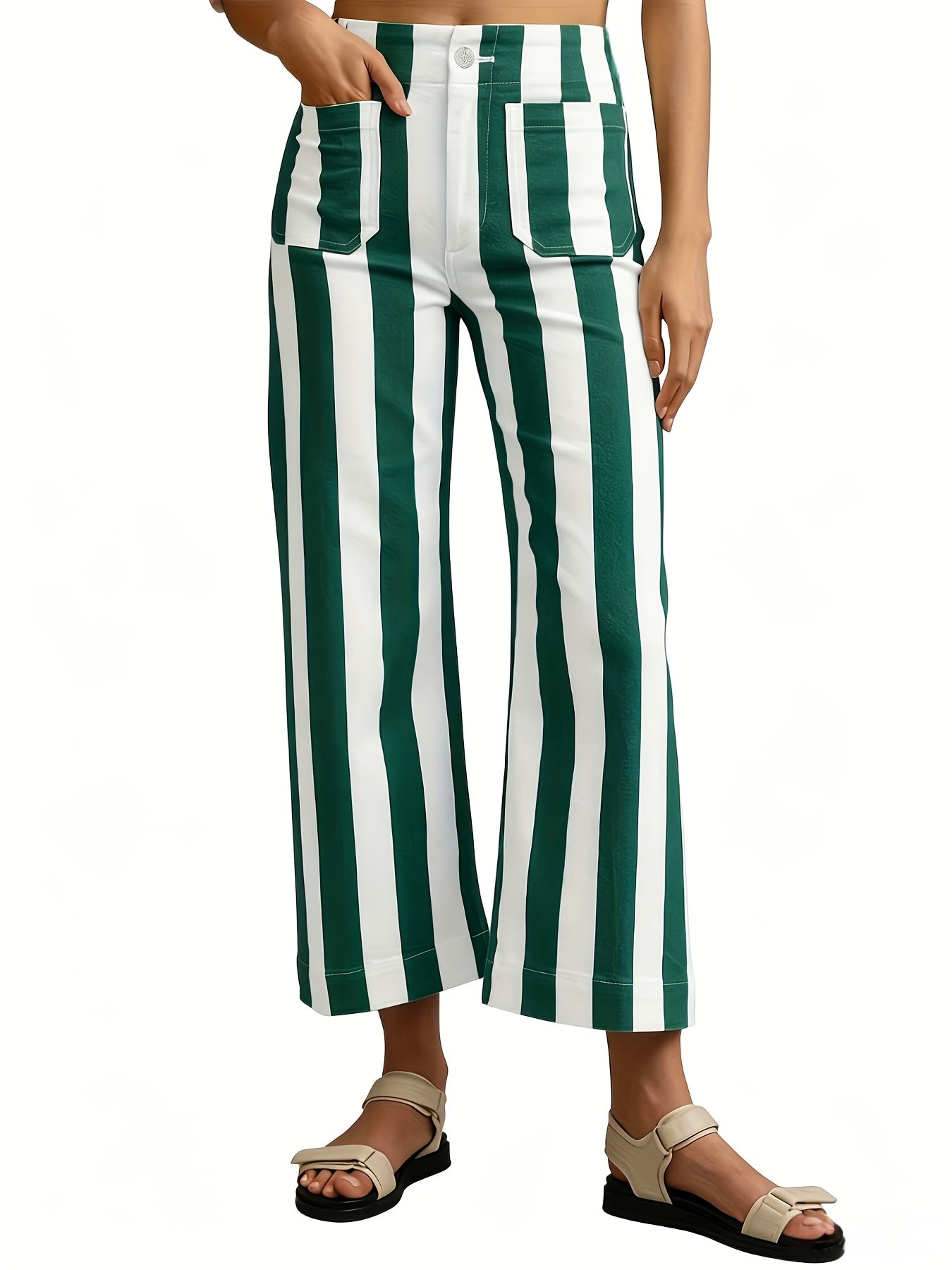 Womens Cropped Striped Jeans Casual High Waisted Stretchy Straight Leg Denim Pants with Pockets