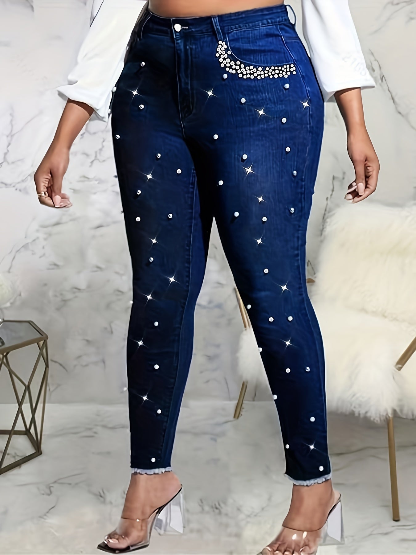 Women's 2707# Blue Stretch Fashion Skinny Bootcut Beaded Hem All-Season Jeans