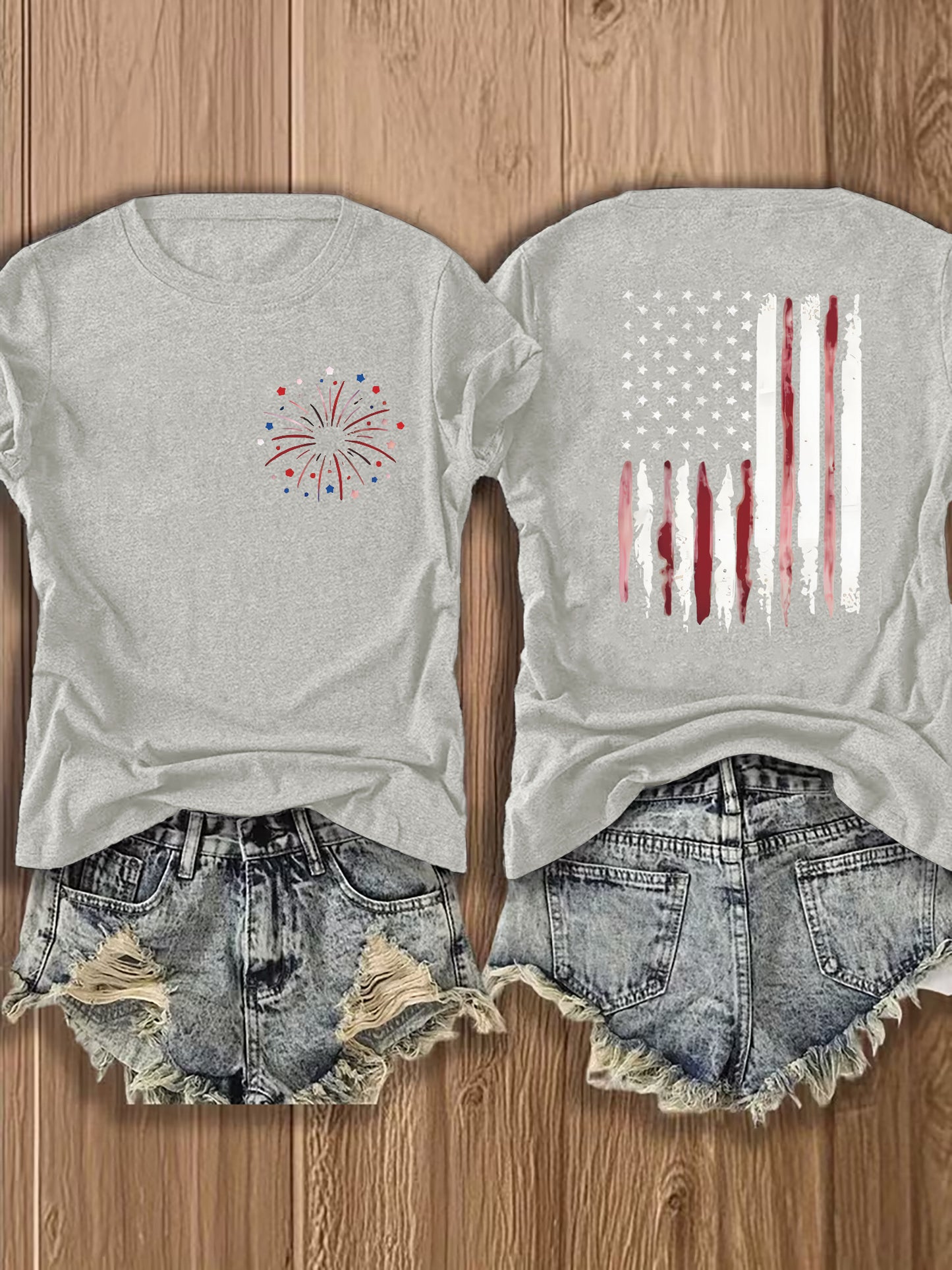 Women'S Summer Crew Neck Short Sleeve T-Shirt, Lightweight & Breathable, American Flag & Fireworks Print, Casual Street Style Top For Daily Wear & Patriotic Celebrations, Comfortable Athletic Outfit