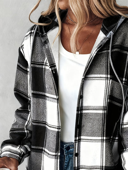 Women's Black and White Checkered Hooded Shirt Jacket, a Popular Warm Outfit for Autumn and Winter. Perfect for Casual and Layered Looks, Autumn/winter Women's Clothing | Women's Apparel, Local Warehouse Discount