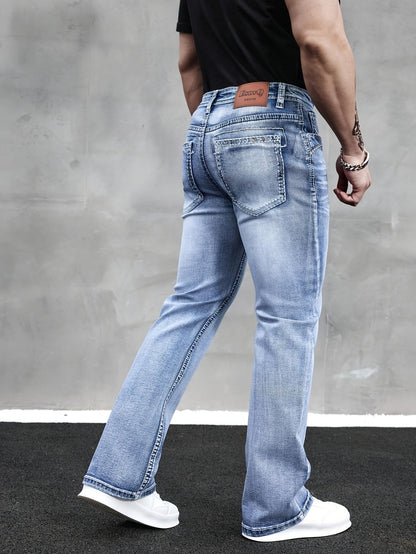 ESDVQ Men's Slim-Fit Classic Washed Denim Bell-Bottom Jeans - Mid-Stretch Machine-Washable Flared Pants with Suitable for All-Season Wear, Comfortable Stretchable Bell-Bottoms for Casual & Dressy Outfits