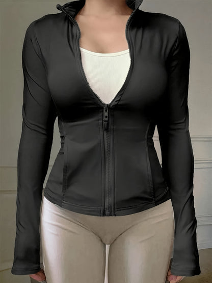 Women'S Athletic Stand Collar Zip-Up Long Sleeve Slim Jacket Waist-Cinching Fitness Casual Sport Top
