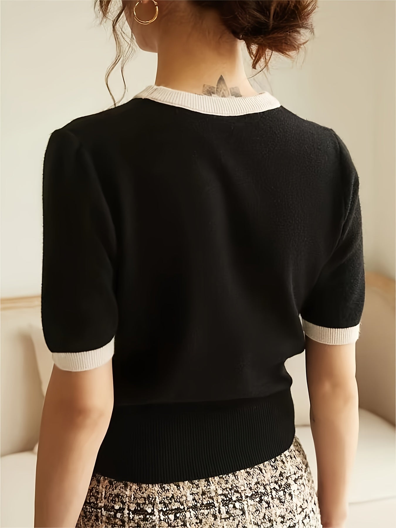 Spring/Summer/Autumn Contrast Trimming Round Neck Holiday Casual Elegant Party Business Commuter Gift Knitted Top T-shirt
