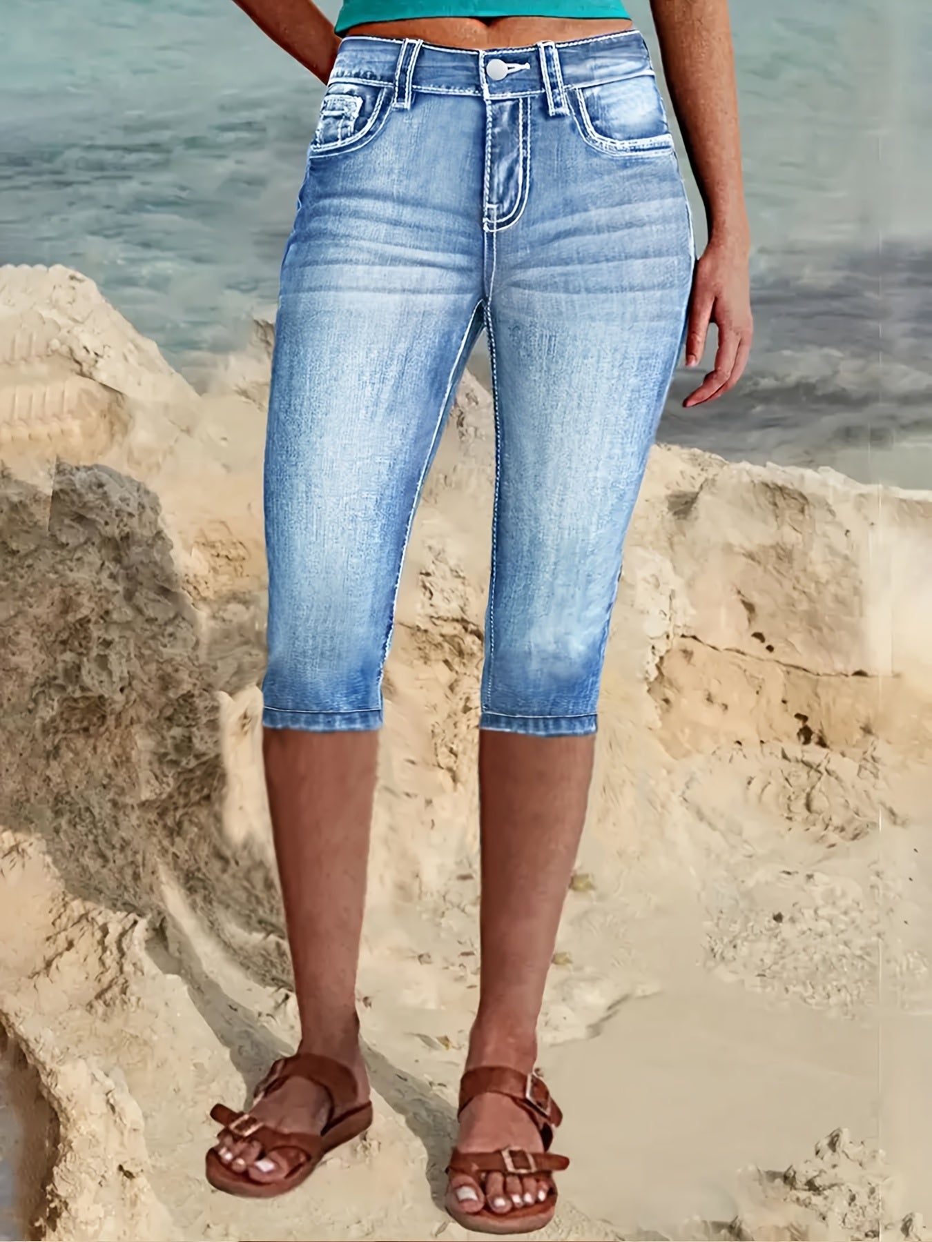 Plus Size Blue High Waisted Stretchy 7/8 Denim Capris for Women, Cuffed Hem Distressed Jeans with Front Slant & Back Pockets, Minimalist Street Style Versatile Pants for Spring Summer Daily Outings
