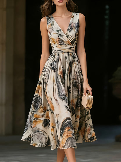 Beige Floral Chiffon V-Neck Sleeveless A-Line Midi Dress