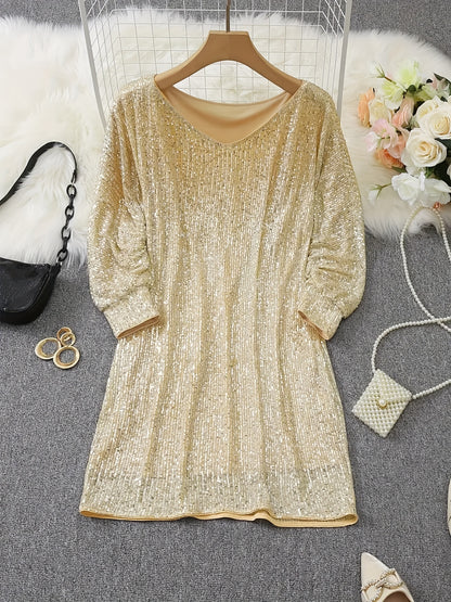 Vibrant Bodycon V-Neck Long Sleeve Sequin Dress - Shimmering Contrast Details, Mid-Elastic Fabric, Sexy Party Wear for Women - All-Season, No Sheer, Fabric Construction