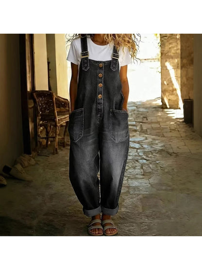 Plus Size, Items Run Small, Please Order According to Our Size Chart. Plus Size Women's Casual Loose Denim Overalls with Button Pockets, Denim Jumpsuit for Daily Wear.