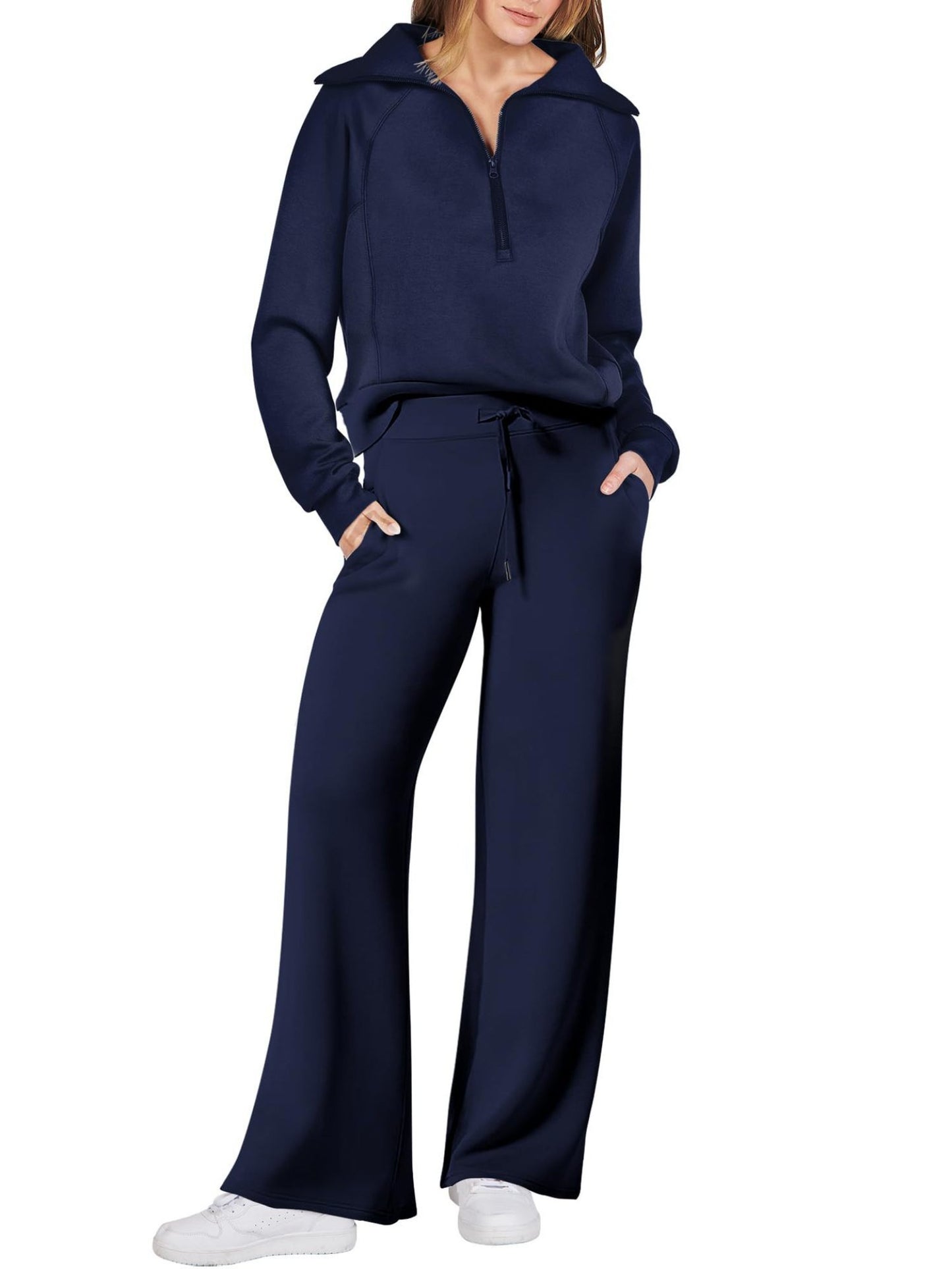 Spring/Autumn Casual Swear Set for Women, Zipper Long-Sleeve Sweatshirt and Wide-Leg Pants 2pcs Set