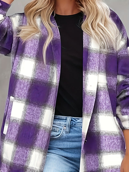 Plaid Shirt Jacket - Women'S Long Sleeve Button Coat for Casual Commute Date Night
