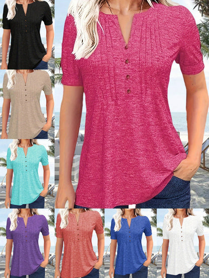 Women's Hot-selling Summer Casual V-Neck Pleated Blouse Short Sleeve Button-Up Solid Color Top